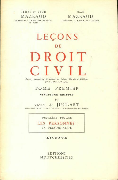 Leçons de droit civil Tome I 2ème volume - Henri Mazeaud - Livre