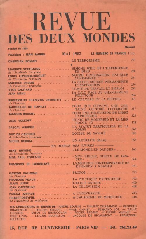 Revue des deux mondes Mai 1982 - Collectif - Livre