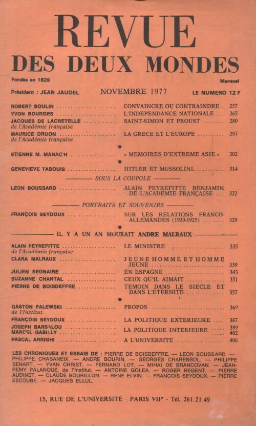 Revue des deux mondes Novembre 1977 - Collectif - Livre