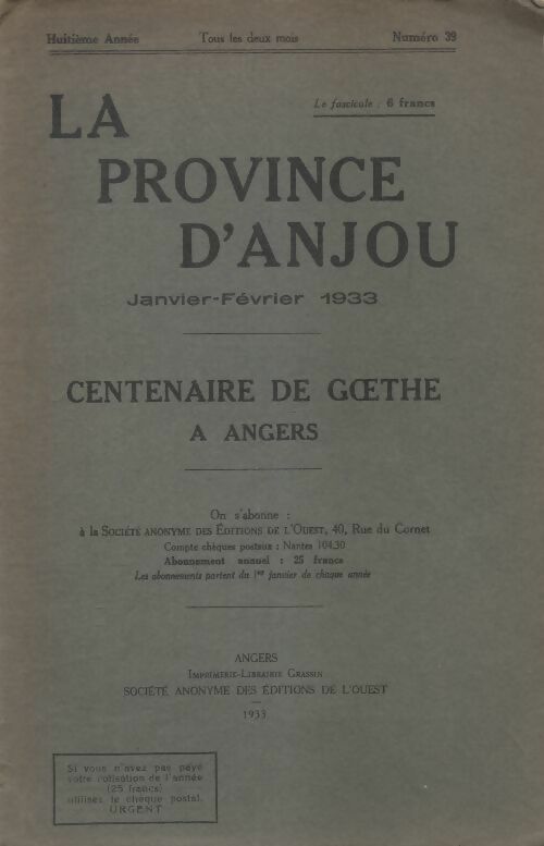 La province d'Anjou n°39 : Centenaire de Goethe à Angers - Collectif - Livre