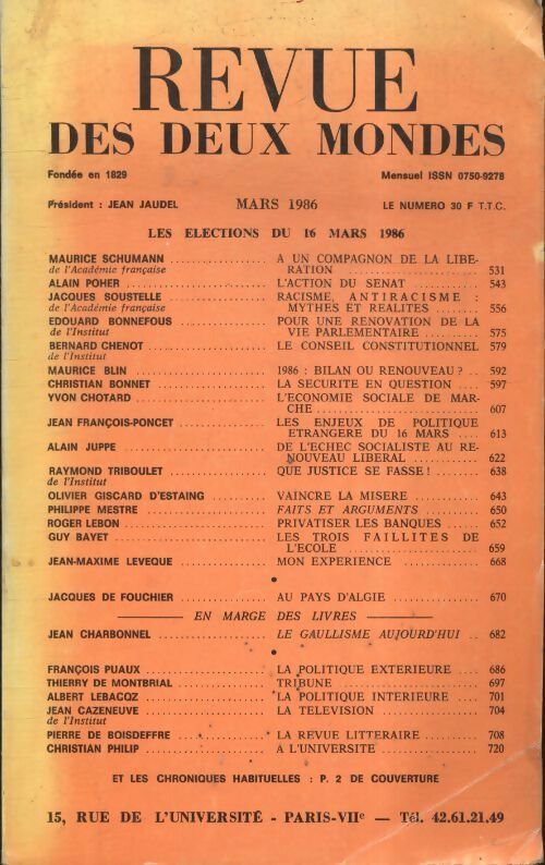 Revue des deux mondes mars 1986 - Collectif - Livre