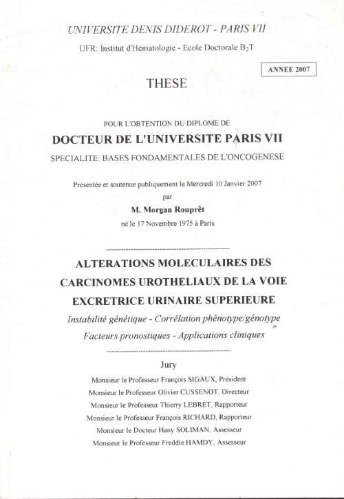 Altérations moléculaires des carcinomes urotheliaux de la voie excrétrce urinaire supérieur - Morgan Rouprêt - Livre