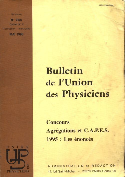 Bulletin de l'union des physiciens n°784 cahier n°2 - Collectif - Livre