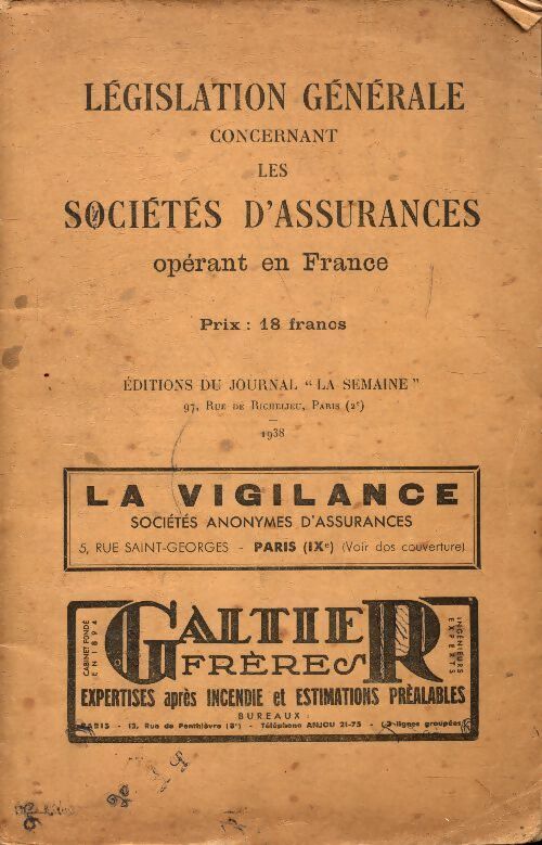 Législation générale concernant les sociétés d'assurances - Collectif - Livre