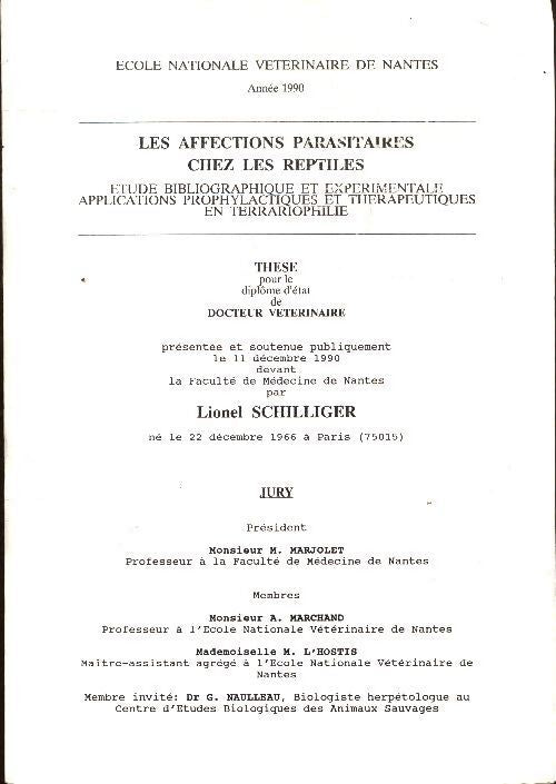Les affections parasitaires chez les reptiles - Lionel Schilliger - Livre