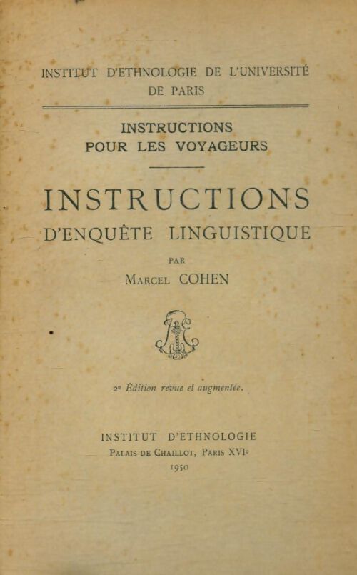Instructions d?enquête linguistique - Marcel Cohen - Livre