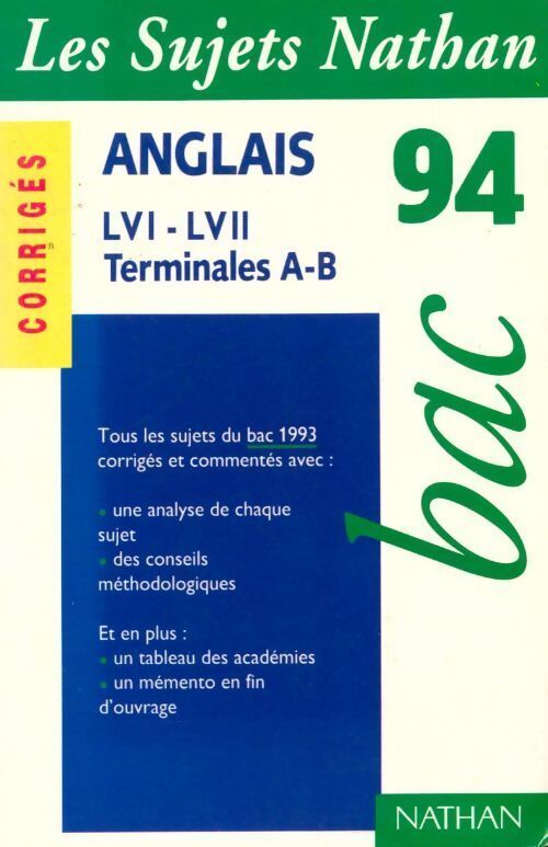 Anglais Terminales A, B LV1-LV2 corrigés 1994 - Collectif - Livre