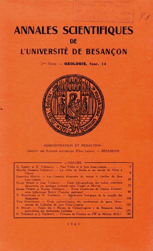 Annales scientifiques de l'université de Besançon 2ème série Géologie fascicule 14 - Collectif - Livre