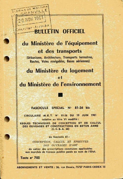 Bulletin officiel du ministère de l'équipement et des transports fascucule spécial n°81-26 bis - Collectif - Livre