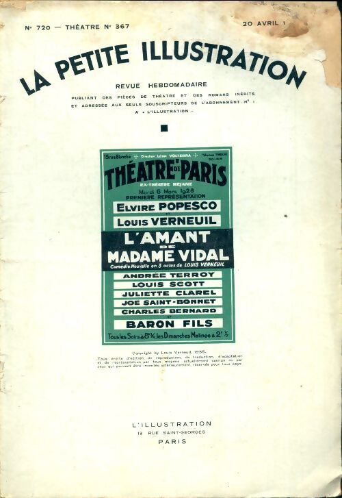 La petite illustration n°720 Théâtre n°367 : L'amant de Madame Vidal - Collectif - Livre