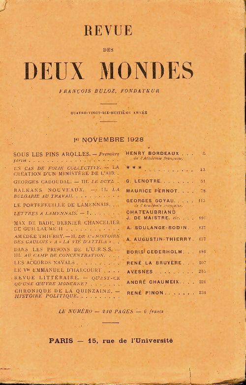 Revue des deux mondes novembre 1928 - Collectif - Livre