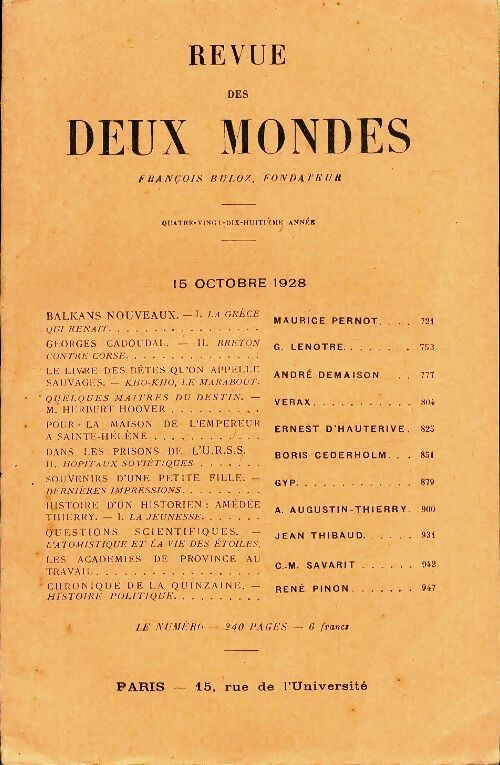 Revue des deux mondes 15 octobre 1928 - Collectif - Livre