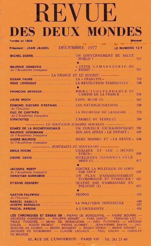 Revue des deux mondes décembre 1977 - Collectif - Livre