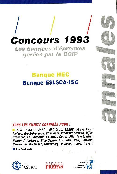 Annales 1993, concours banque HEC - Collectif - Livre
