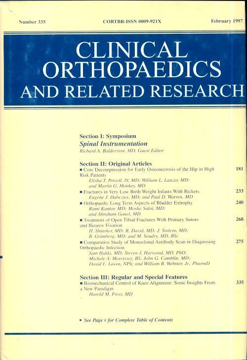 Clinical orthopedics and related research n°335 : Spinal instrumentation - Collectif - Livre