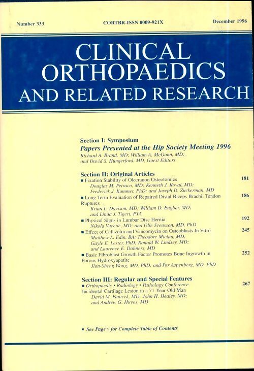 Clinical orthopedics and related research n°333 : Papers presented at the hip Society Meeting - Collectif - Livre