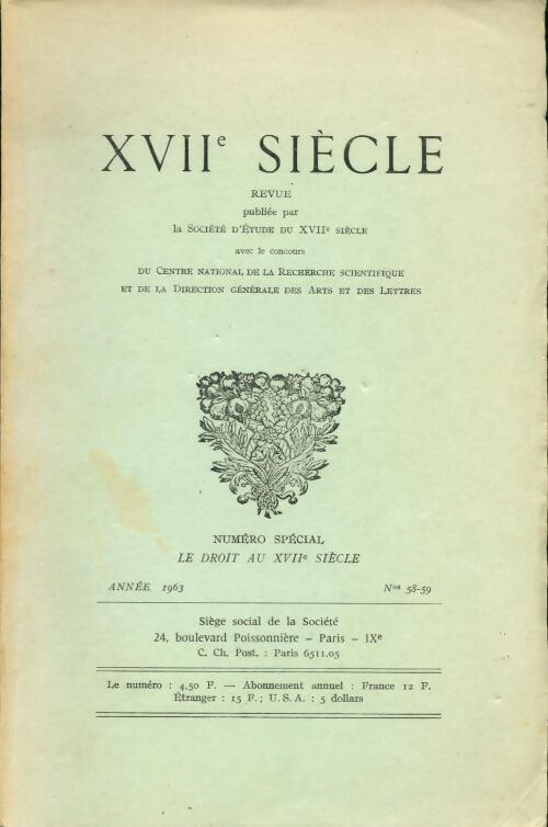 XVIIe siècle n°58-59 - Collectif - Livre