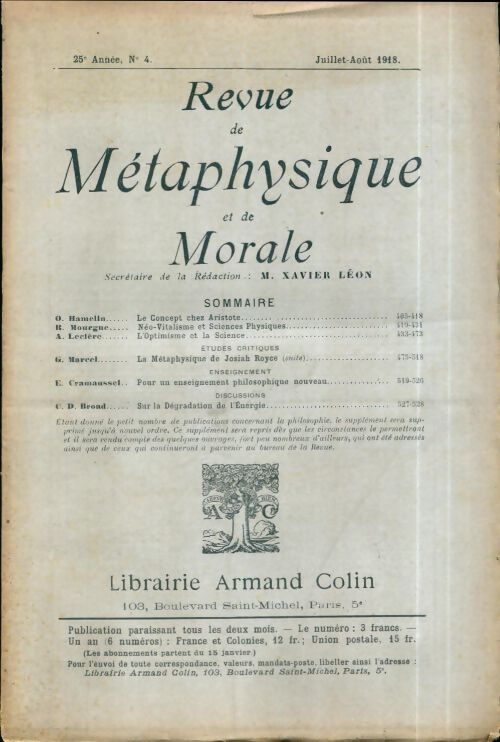 Revue de métaphysique et de morale 25e année n°4 - Collectif - Livre