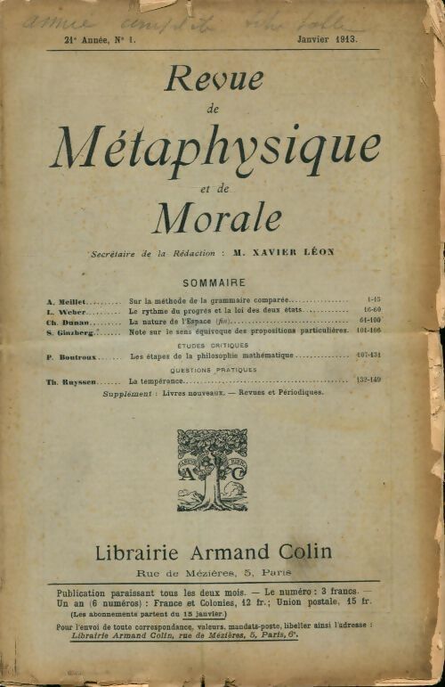 Revue de métaphysique et de morale 21e année n°1 - Collectif - Livre