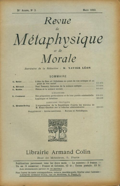 Revue de métaphysique et de morale 21e année n°2 - Collectif - Livre