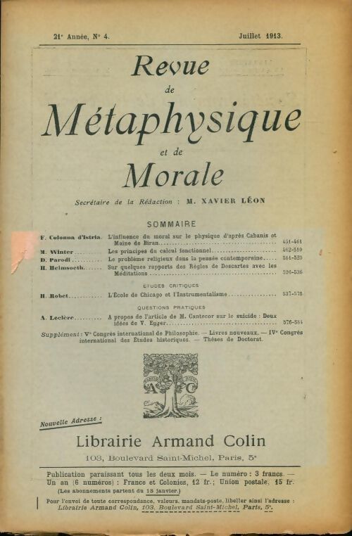 Revue de métaphysique et de morale 21e année n°4 - Collectif - Livre