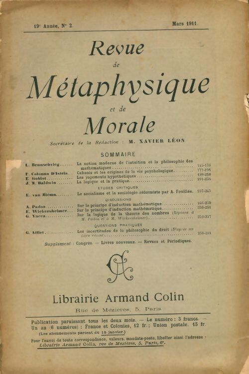 Revue de métaphysique et de morale 19e année n°2 - Collectif - Livre