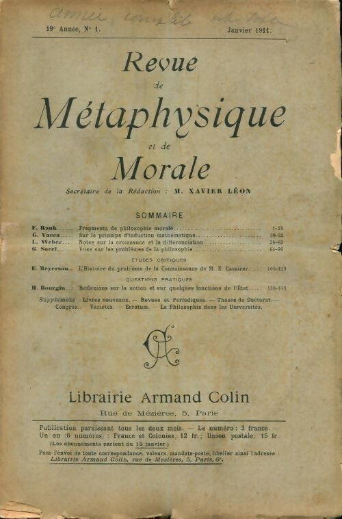 Revue de métaphysique et de morale 19e année n°1 - Collectif - Livre