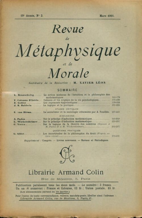 Revue de métaphysique et de morale 19e année n°2 - Collectif - Livre