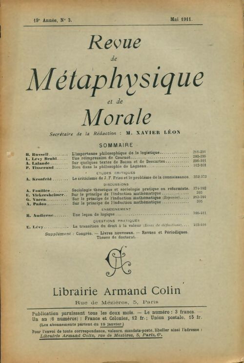 Revue de métaphysique et de morale 19e année n°3 - Collectif - Livre