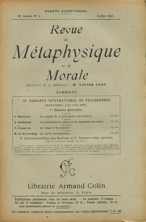 Revue de métaphysique et de morale 19e année n°4 - Collectif - Livre