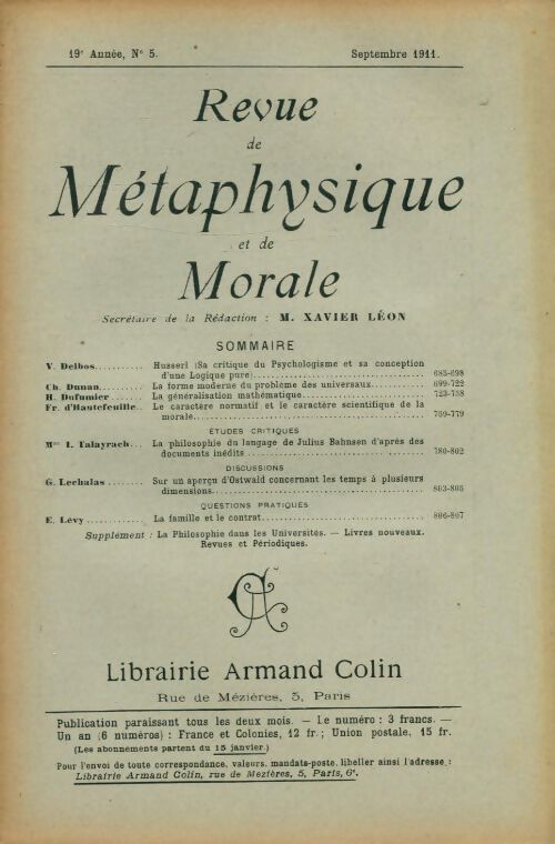 Revue de métaphysique et de morale 19e année n°5 - Collectif - Livre