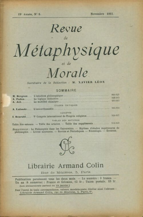 Revue de métaphysique et de morale 19e année n°6 - Collectif - Livre