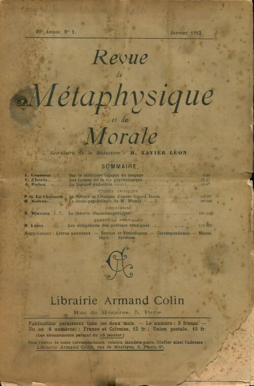 Revue de métaphysique et de morale 20e année n°1 - Collectif - Livre