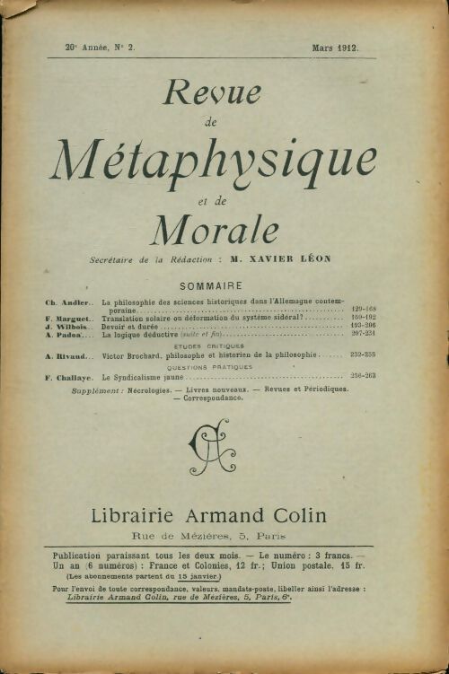 Revue de métaphysique et de morale 20e année n°2 - Collectif - Livre