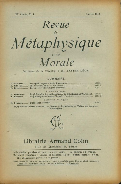 Revue de métaphysique et de morale 20e année n°4 - Collectif - Livre
