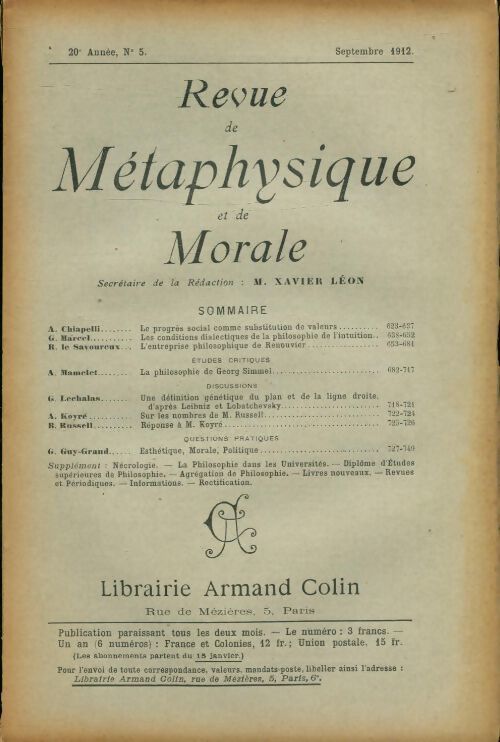 Revue de métaphysique et de morale 20e année n°5 - Collectif - Livre