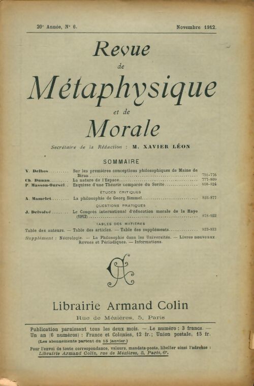 Revue de métaphysique et de morale 20e année n°6 - Collectif - Livre