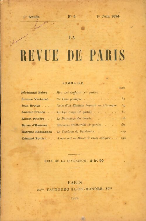 La revue de Paris 1ère année n°9 - Collectif - Livre