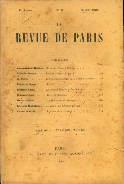 La revue de Paris 1ère année n°8 - Collectif - Livre