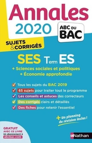 Sciences économiques et sociales Terminale ES Sujets & corrigés 2020 - Sandrine Benase-Rebeyrol - Livre